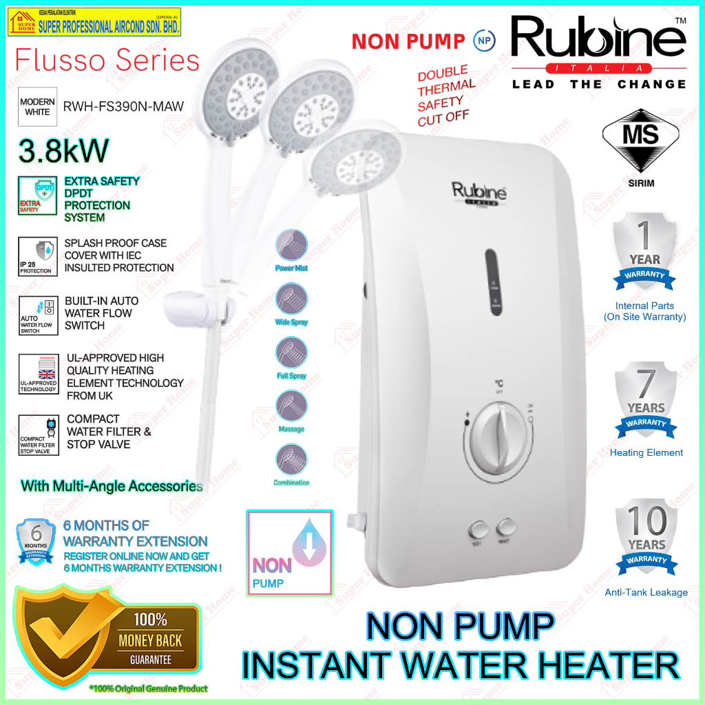 Rubine Water Heater RWHFS390NMAW (Modern White) NonPump Instant