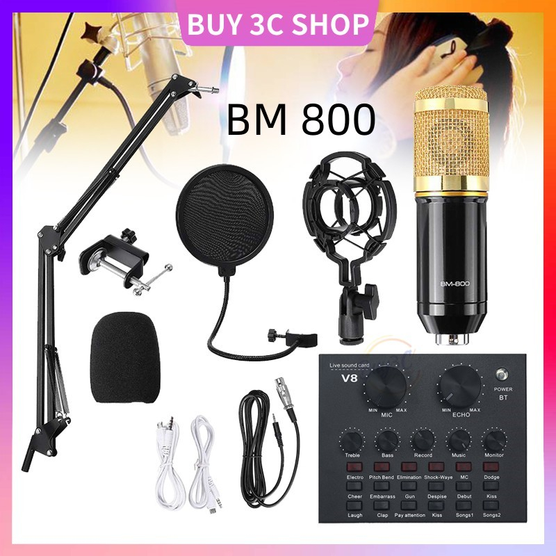 BM800 Microphone Condenser with V8 Sound Card Recording Set For Live ...