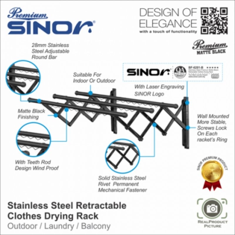 SINOR SUS-304 STAINLESS STEEL RETRACTABLE CLOTHES HANGER WALL MOUNTED ...