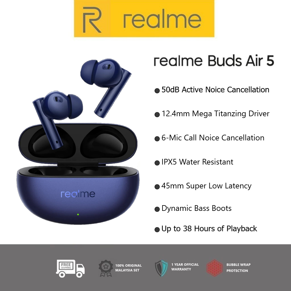 Realme Buds Air 5 Bluetooth Earphone 50dB Noise Cancelling For Realme GT5  Pro 