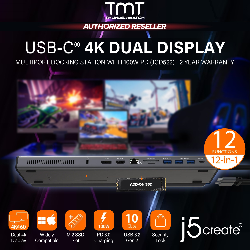 J5Create USBC Hub 13in1 Dual 4K Display Docking Station with 100W
