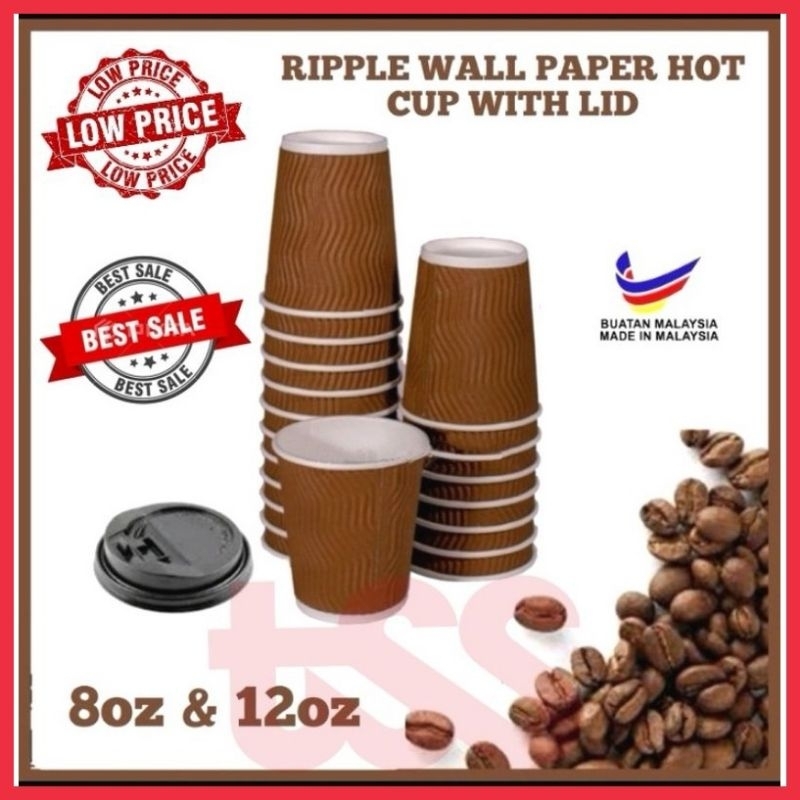 RIPPLE HOT CUP / PAPER HOT CUP 8OZ/9OZ/12OZ （100SET WITH LID） | Shopee ...