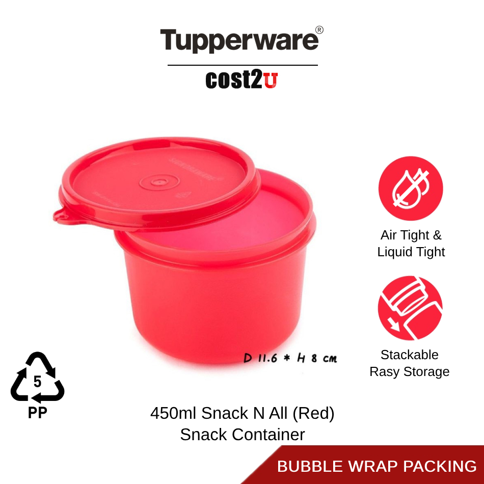 Tupperware Snack N All 450ml Red Snack Food Container Air Tight Liquid Tight Storage