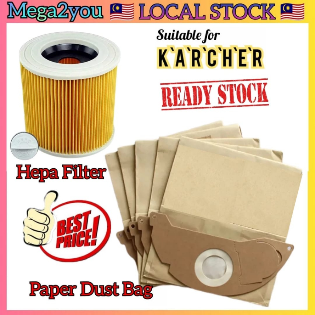 SPARES2GO Kit Filtro A Cartuccia + 10 Sacchetti Compatibili Con Aspirapolvere Karcher A2000, A2004, A2014 - 3