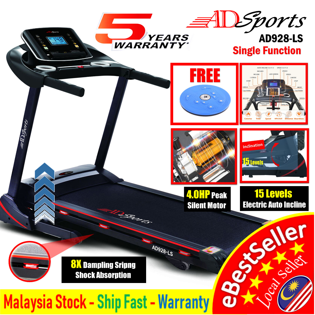 🌟 4.0HP ADSports AD928 Motorize Electric Treadmill 4 Way Damping with Incline Mesin Senaman Aerobik Lari 跑步机