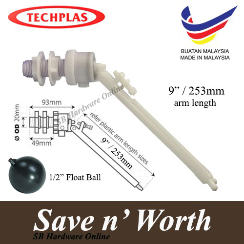 TECHPLAS SIDE INLET PLASTIC CISTERN FLOAT VALVE (9" / 253MM ARM) WITH