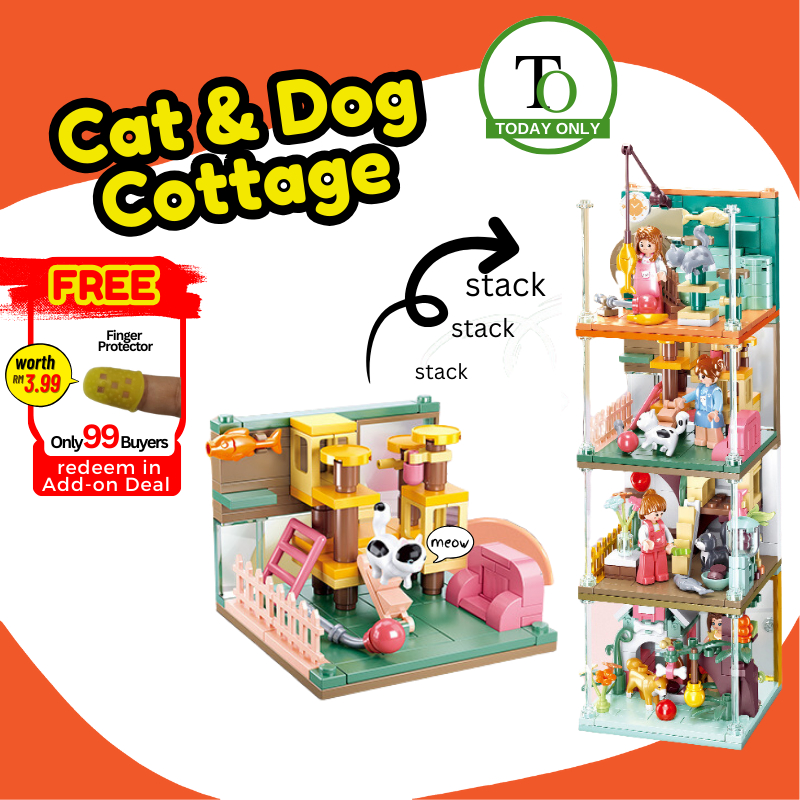 Stackable Collective Brick Houses with Cat and Dog Figurines Cottages ...