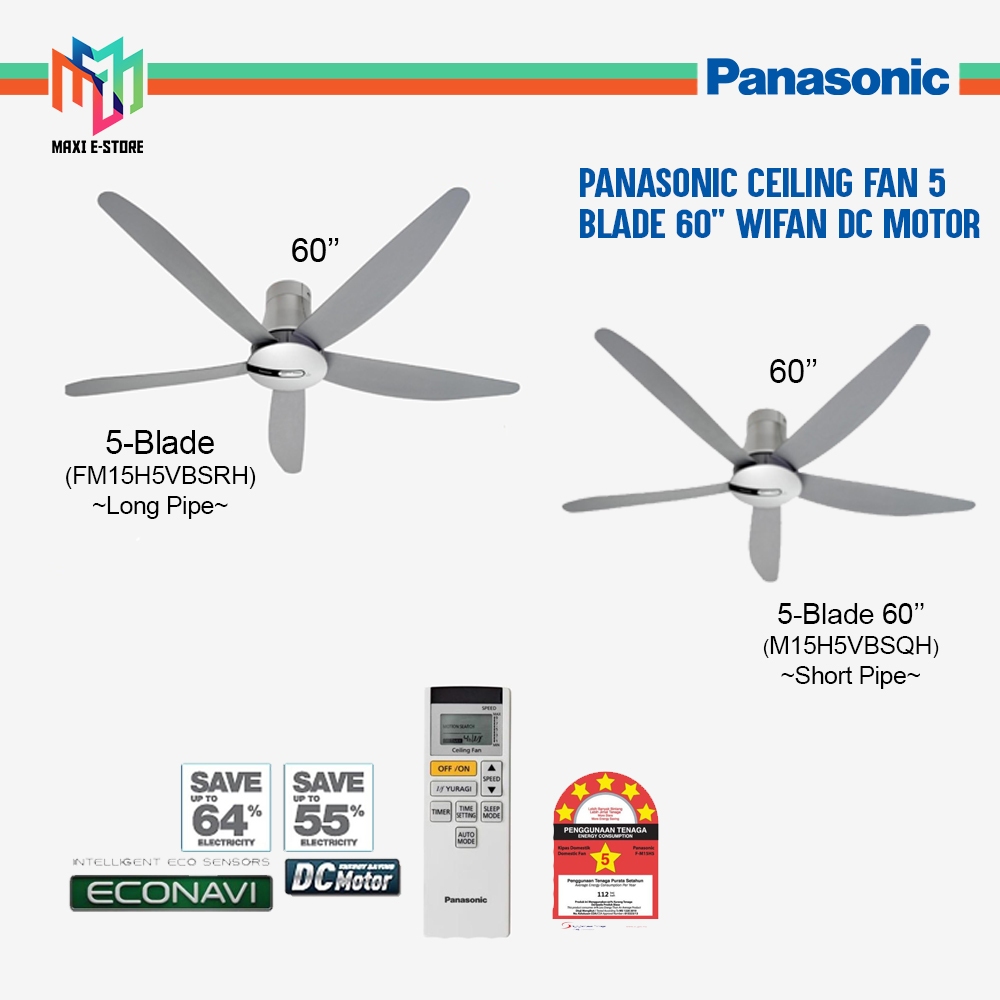 Panasonic Ceiling Fan 60 Inch ECONAVI 5Blade Long Pipe/Short Pipe DC Motor Remote Control