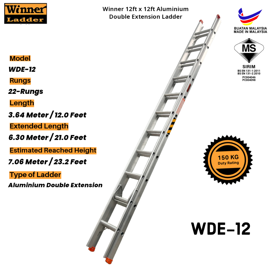 Winner Ladder 12 ft x 12 ft Aluminium Double Extension Ladder 12 kaki x