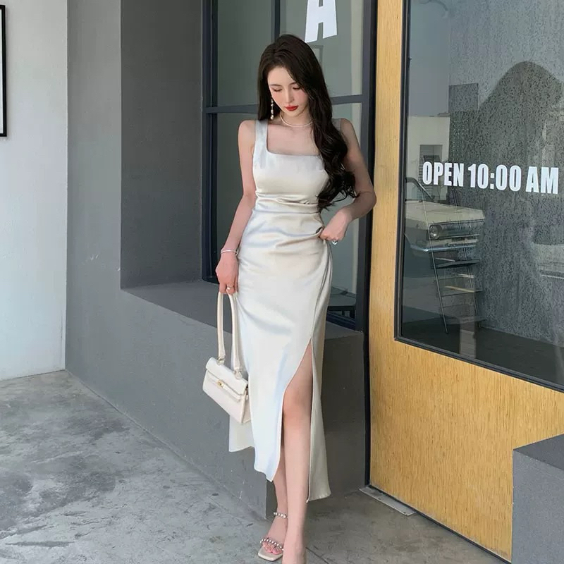 French style women dress elegant shoulder strap dinner dress silk dress ... image.