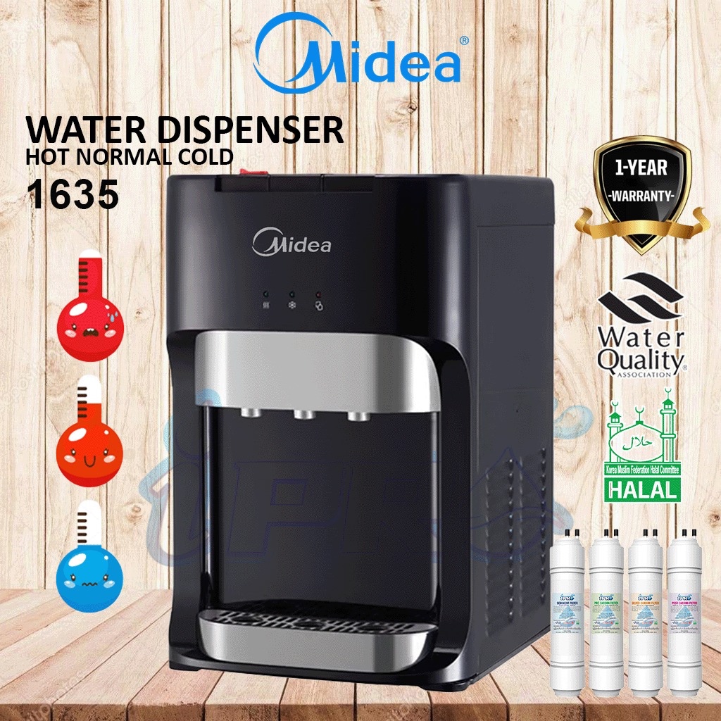 Midea Mild Alkaline Water Dispenser Penapis air 3 Suhu Hot Normal Cold  Model: 1635 or1630 With4 Korea Halal Water Filter