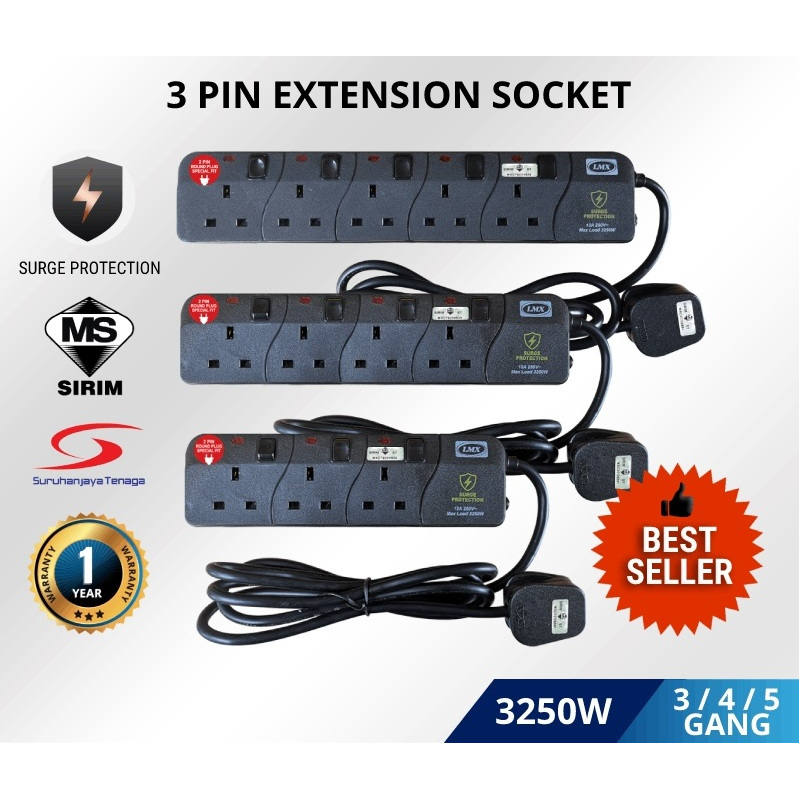 [SIRIM] LEMAX 3, 4, 5 Gang Extension Socket 3 Pin Surge Protection (2M ...