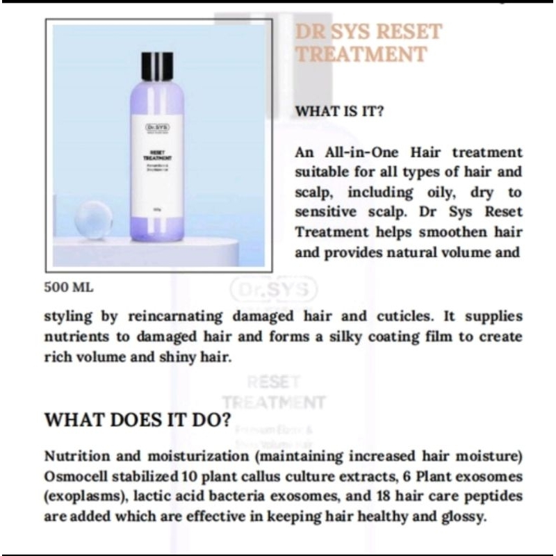 Dr Sys Reset Cream Shampoo & Reset Treatment 500ml Hair Growth
