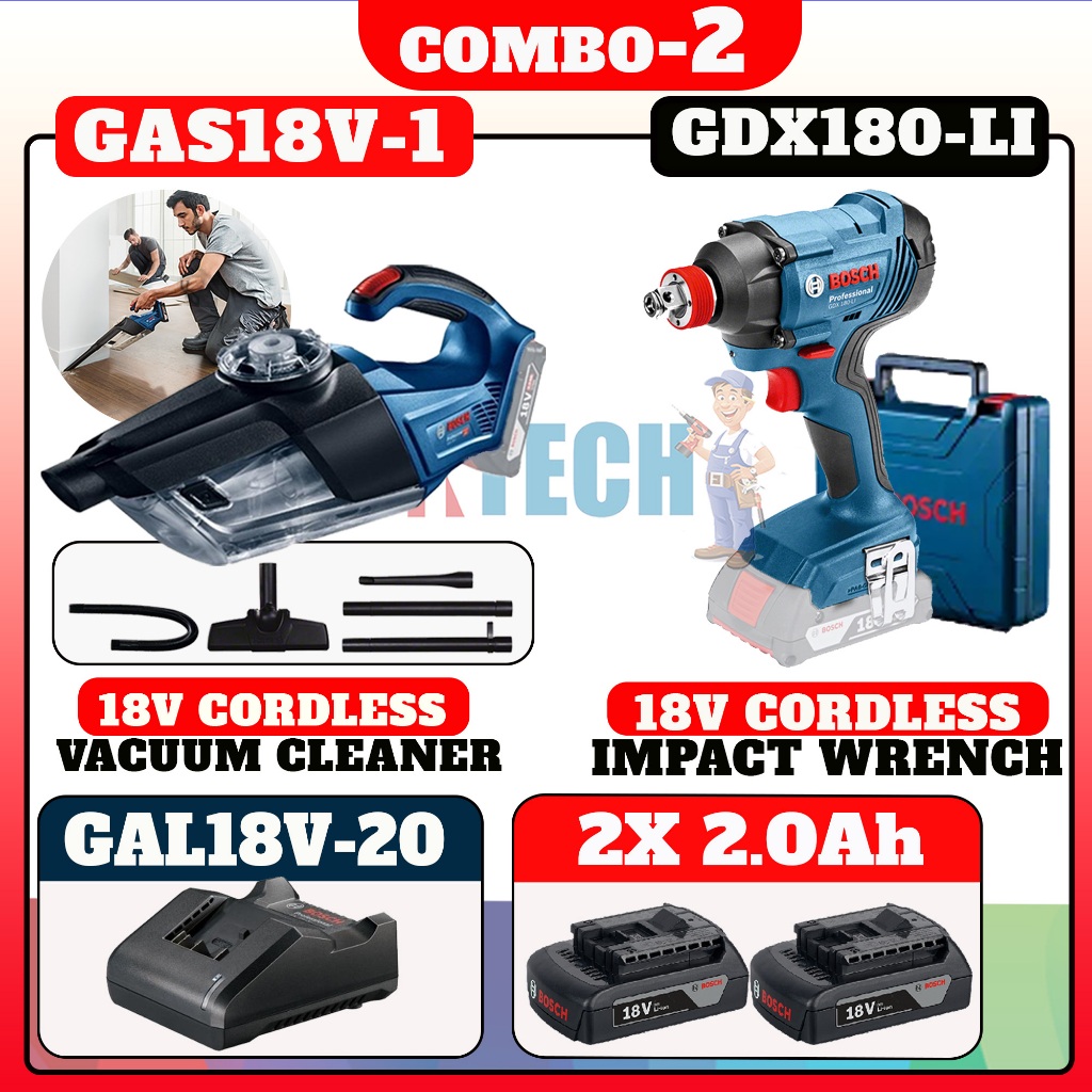 BOSCH COMBO KIT GDX180 LI CORDLESS IMPACT WRENCH GAS18V 1 CORDLESS VACUUM CLEANER 2NOS 18V 2.0AH AL1814CV Shopee Malaysia