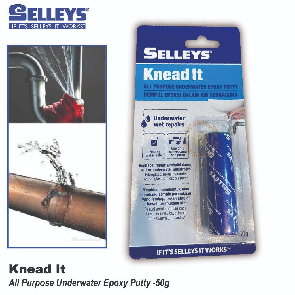 EPOXY PUTTY, SEAL LEAK, 50G SELLEYS KNEAD IT UNDERWATER, AUSTRALIA