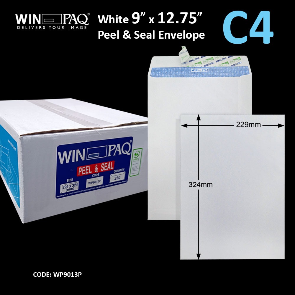 WINPAQ Envelope (C4) 9" X 12.75" (229x324mm) 100gsm White Opaque Peel