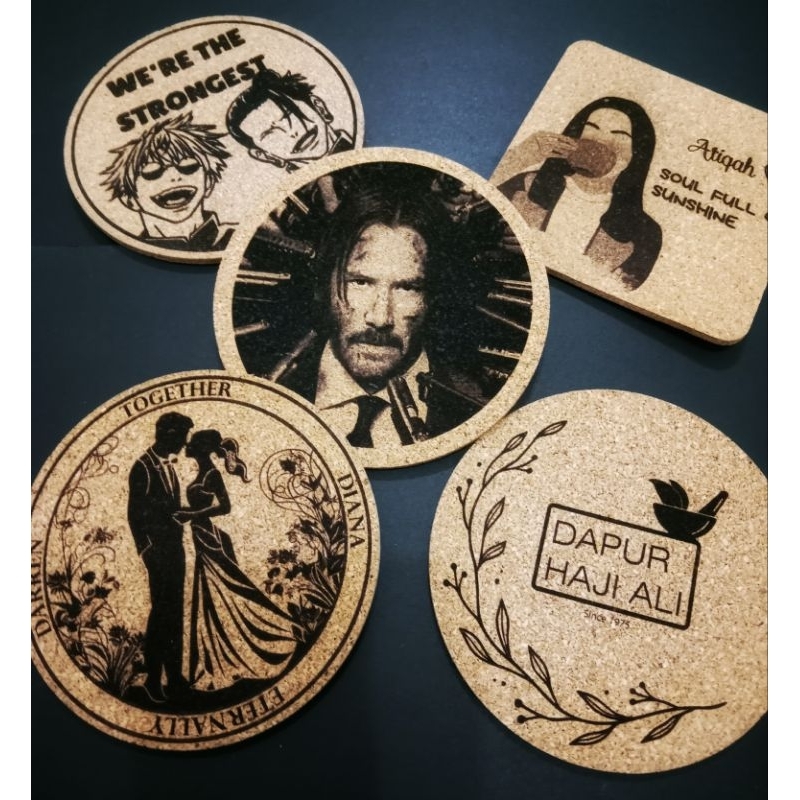 Custom Personalized Laser Engraved Coaster Glossy Wooden, Cork or Slate