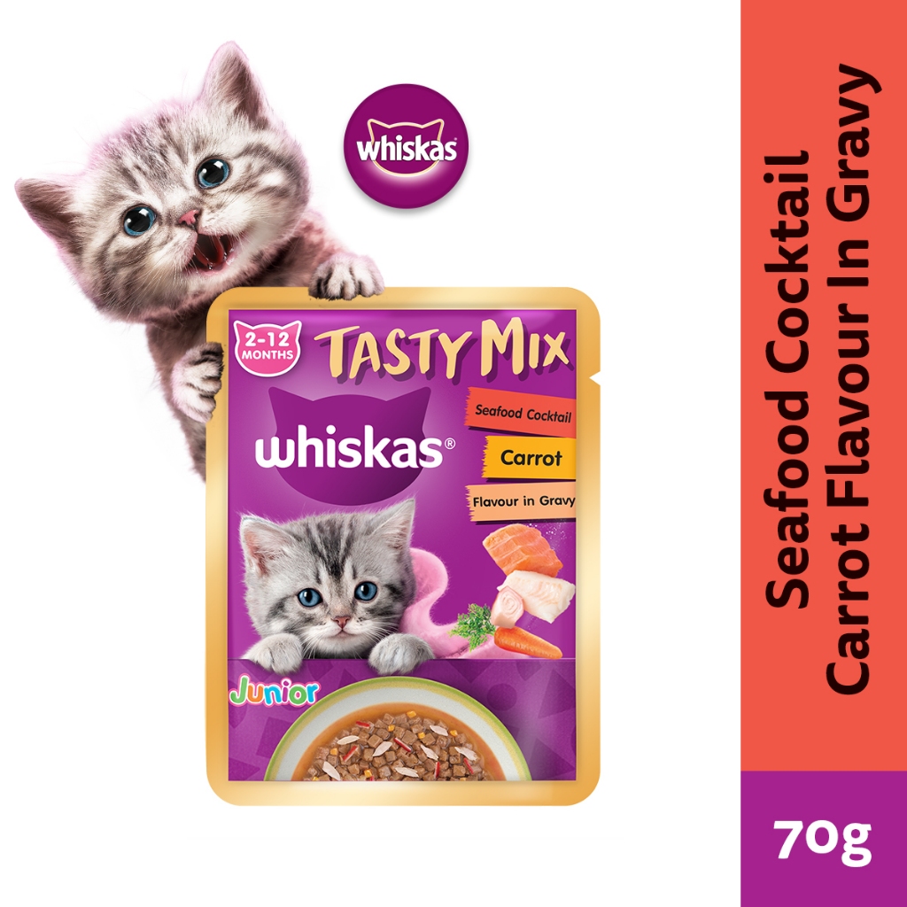 Whiskas Pouch Tasty Mix Cat Wet Food Junior Seafood Cocktail Carrot in