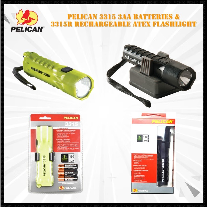 Pelican 3315 & 3315R Compact Safety Rated Flashlight, 3AA Batteries and ...