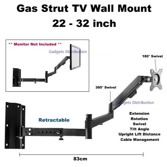 22 32 inch 83cm Extra Long Arm Gas Strut TV Monitor Wall Mount
