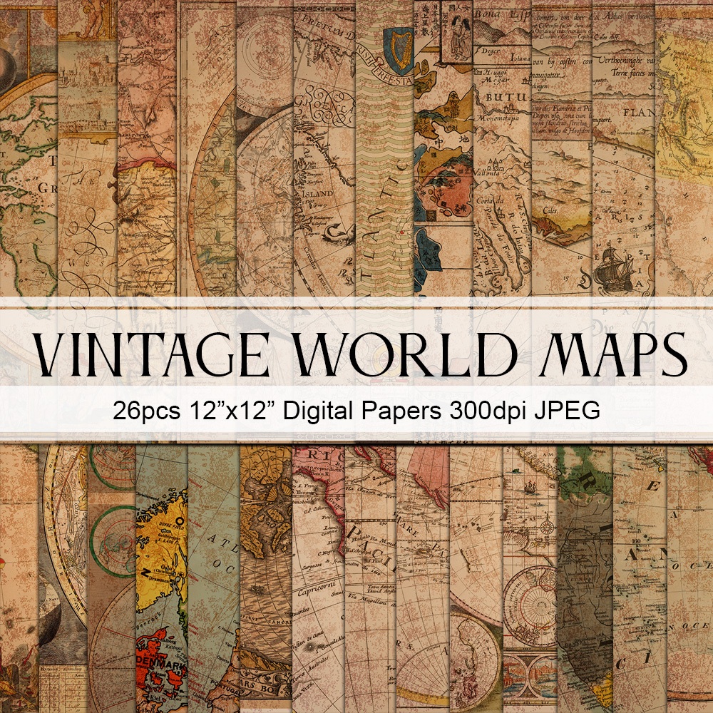 Vintage World Maps Digital Papers, Grunge Maps, Antique Map, Scrapbook ...