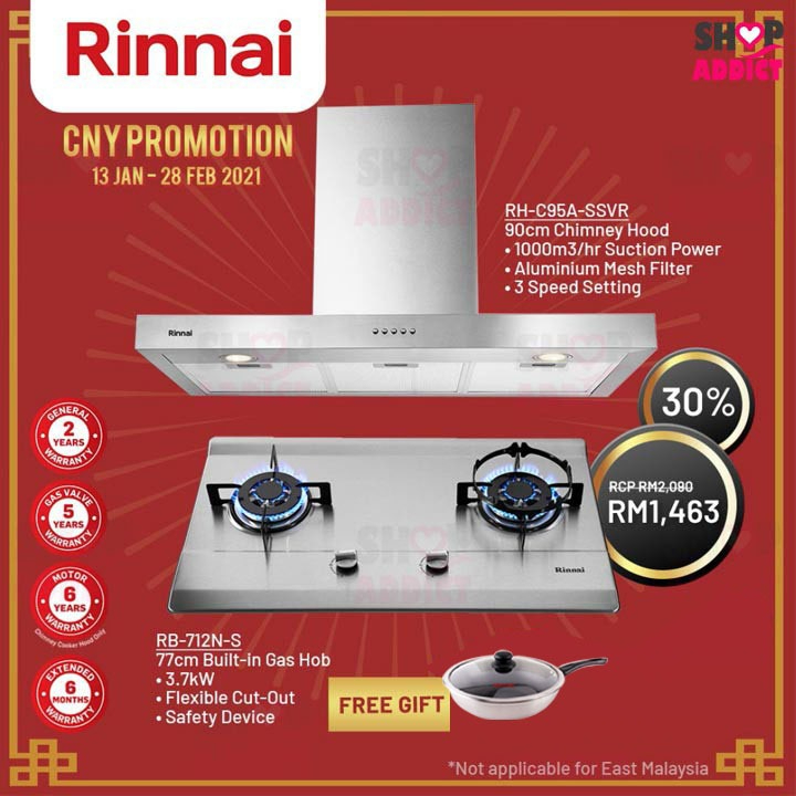 Rinnai Package Chimney Hood RHC95ASSVR & Gas Hob RB712NS Shopee