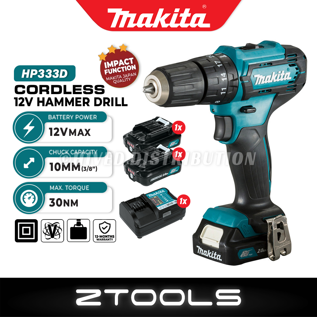 MAKITA 12V Cordless Hammer Driver Drill HP333D | Battery Impact Drill ...