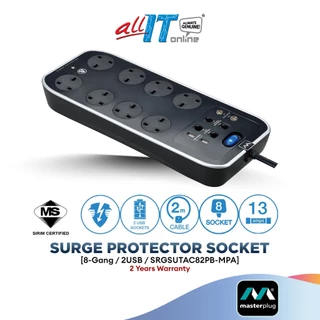 Masterplug Surge Protector (8 Gang / 2 USB3.1) 2 Meter Extension Leads Sockets Power Cord Polished (SRGSUTAC82PB-MPA)