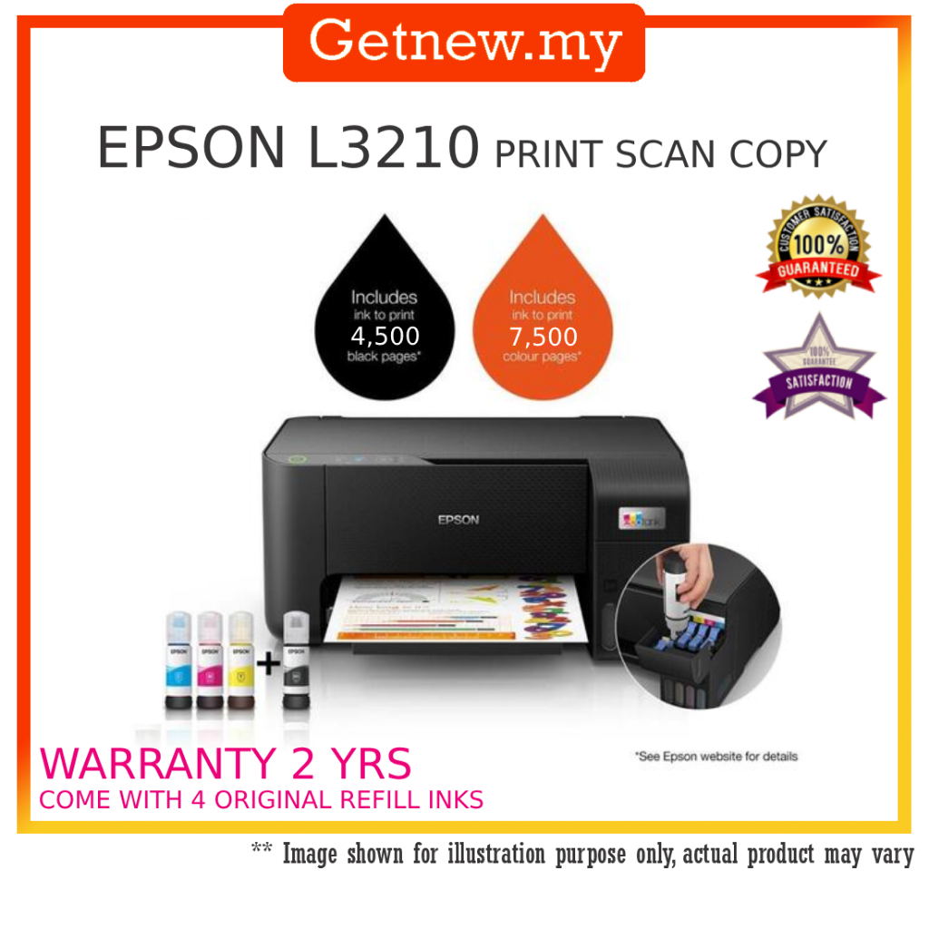 Epson EcoTank L3210 L3250 PRINT SCAN COPY WIFI REFILLABLE COME WITH 4