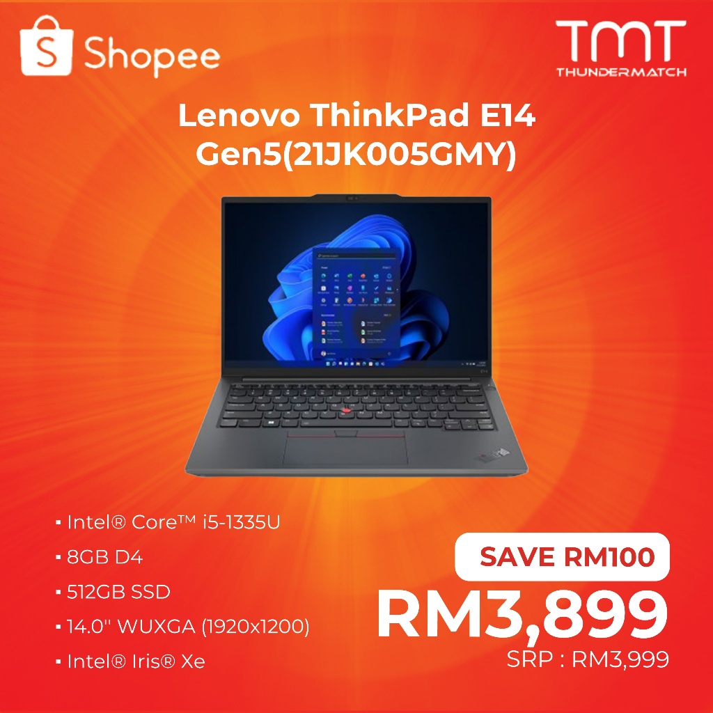 Lenovo ThinkPad E14 Gen5 Laptop (21JK005GMY) i51335U 8GB RAM 512GB SSD 14"0 WUXGA