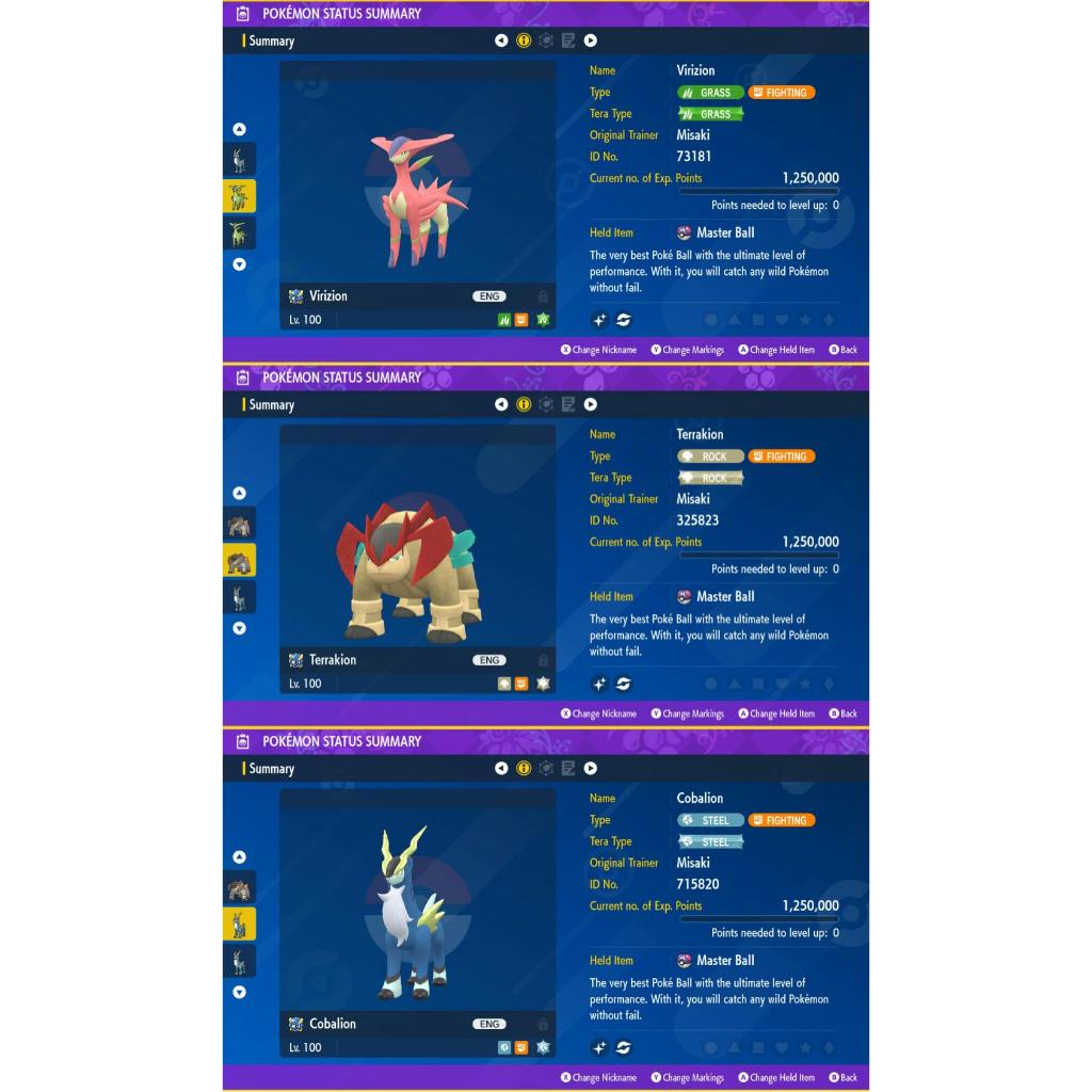 Pokemon Scarlet & Violet - Shiny Cobalion Virizion Terrakion Full Ev 