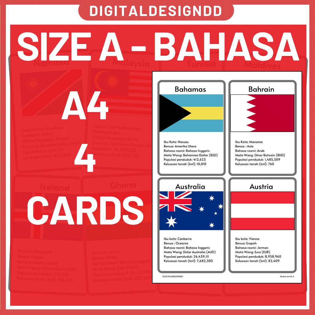 PDF Printable Country World Flags Flash Cards for kids Bendera Malaysia ...