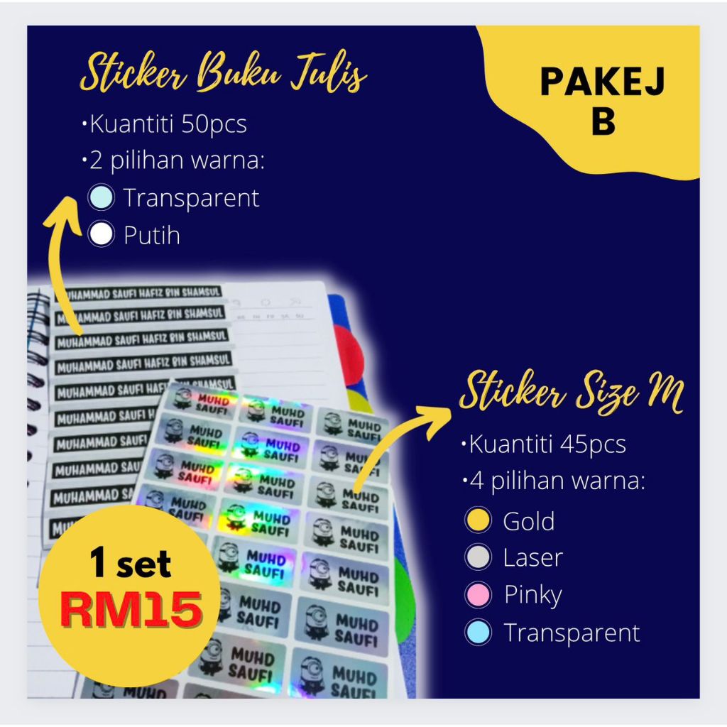 PAKEJ B : STICKER NAMA BUKU DAN LABEL SAIZ M | Shopee Malaysia