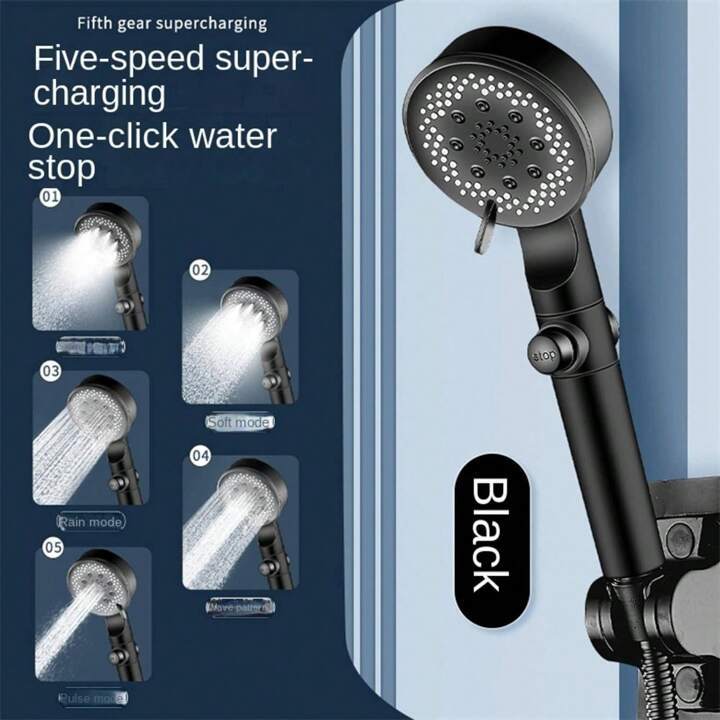 5 in 1 Shower Head Water Saving Black 5 Mode Adjustable High Pressure ...