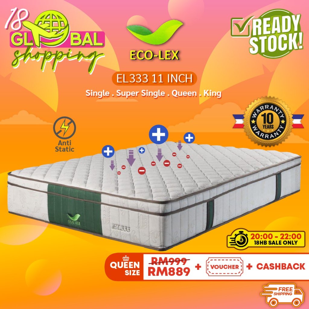 ECOLEX EL333 11" Mattress Tilam Synthetic Latex+3 Zone Chiropractic Spring+Coconut Fibre[Single