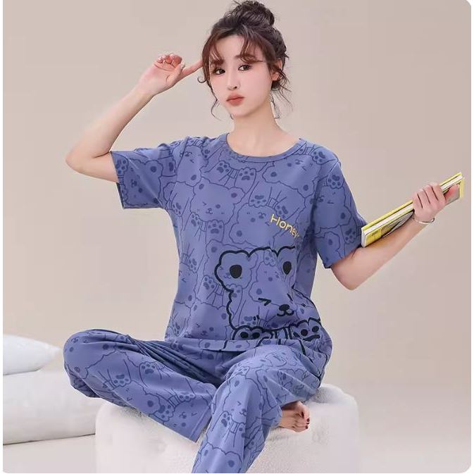 SL 100 Cotton Short Sleeve Long Pants Pyjamas Sleepwear Pajamas Baju Tidur Shopee Malaysia