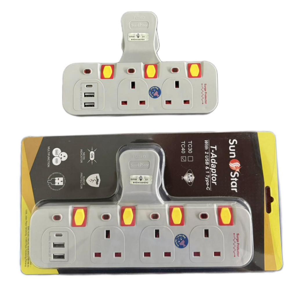 (USB TYPE C +) Sunstar Wall Extension Plug Socket T-Adaport Extantion ...