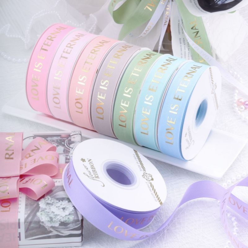 2.5cm Love Eternal Ribbon Bouquet Gift Bow Ribbon 爱是永恒螺纹烫金丝带 | Shopee ...