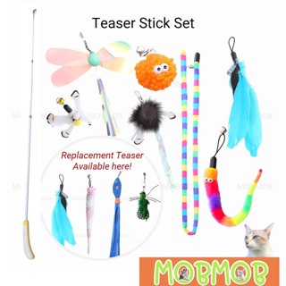 Cat Toy Teaser Stick Retractable Long Fish Rod Replaceable Feather