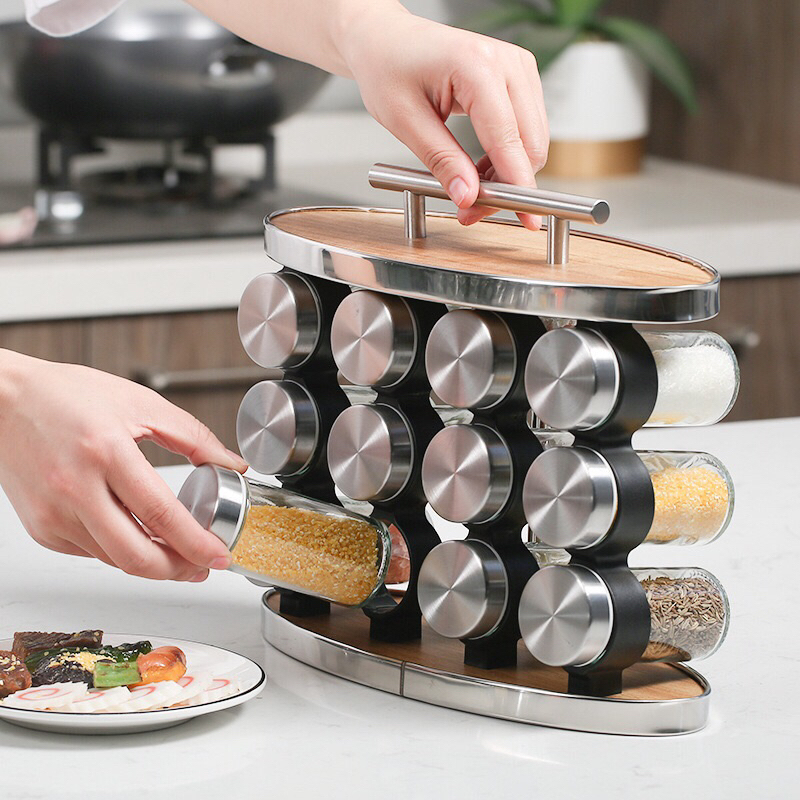 Nesna Spice Rack Modern Aesthetic Bamboo Stainless Steel Rack shaker lid glass jar Shopee Malaysia