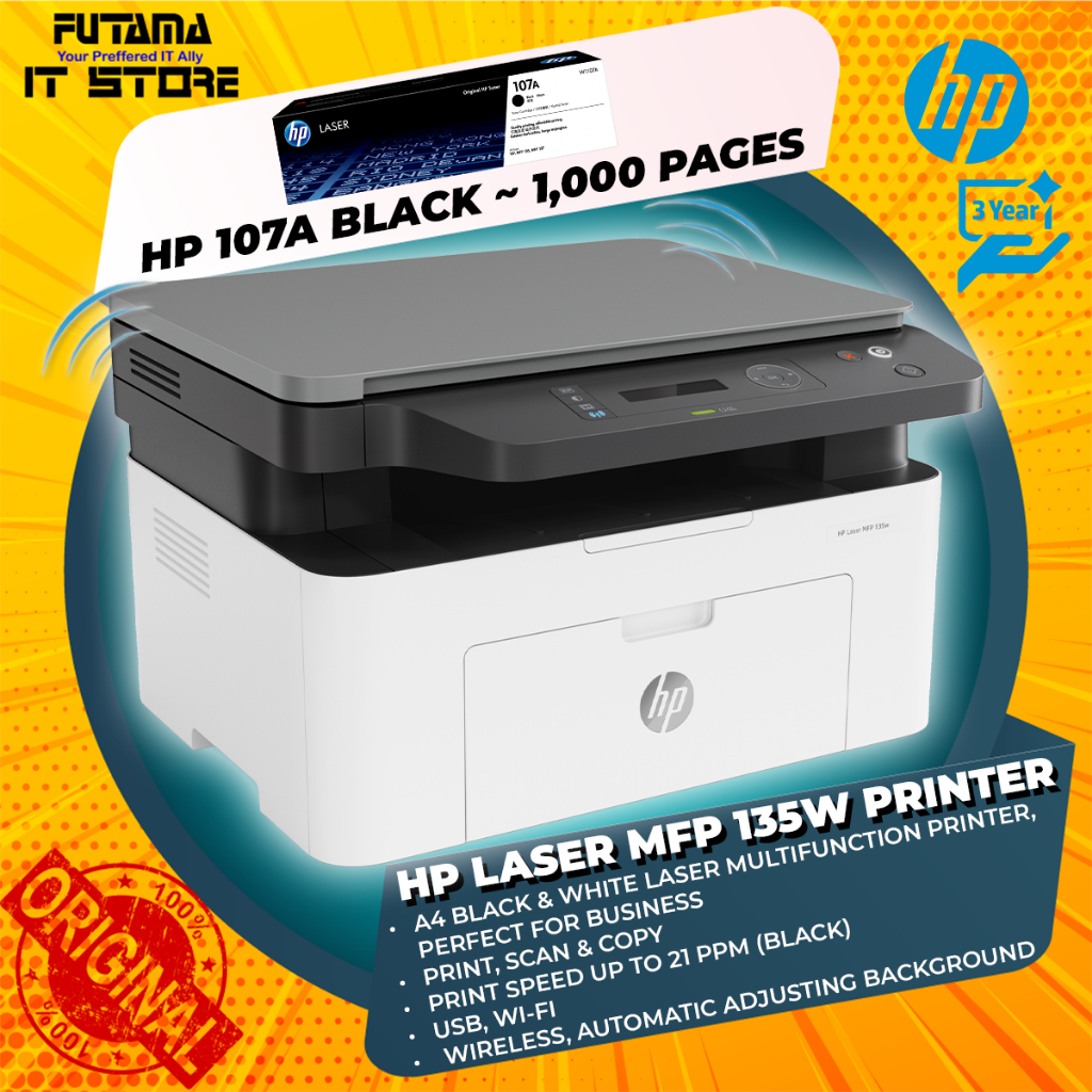 HP Laser MFP 135w Printer - Cartridge yield: 107A (Black 1,000pgs ...