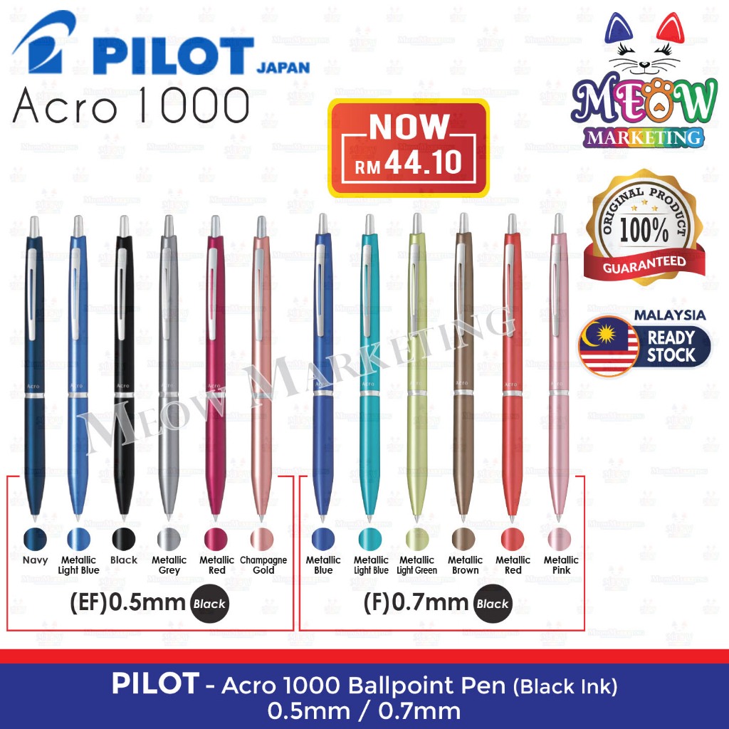 Pilot Acro 1000 Ball Pen Black Ink (Metal Body) - 0.5mm / 0.7mm ...