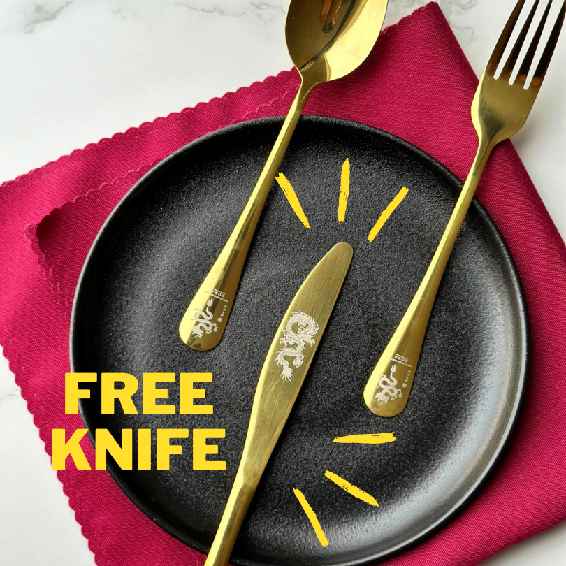 Gold Dragon Engraved Cutlery Set Limited Edition CNY Gift Fork, Spoon