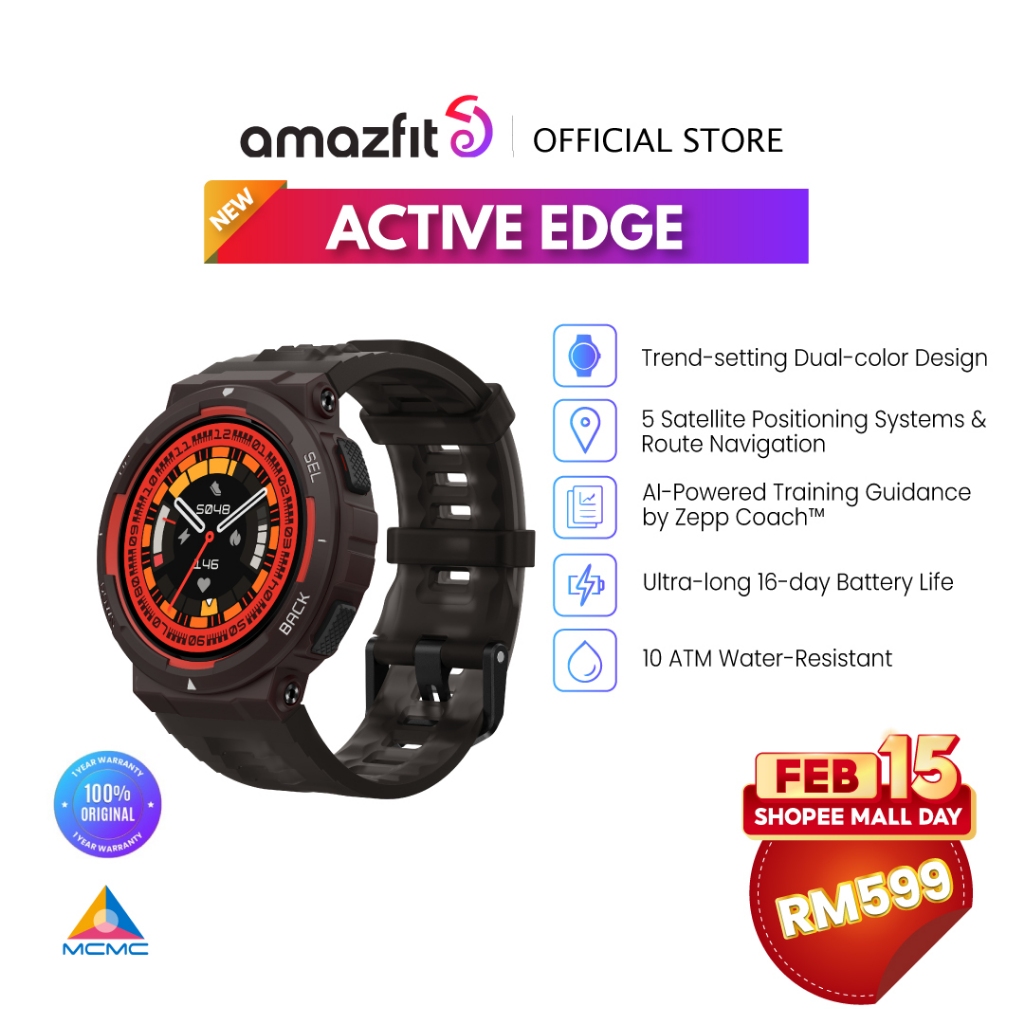  Amazfit Active Edge Smart Watch with Stylish Rugged Sport &  Fitness Design, GPS, AI Health Coach for Gym, Outdoor, Workouts & Exercise,  16 Days Battery, 10 ATM Water resistant, Lava Black 