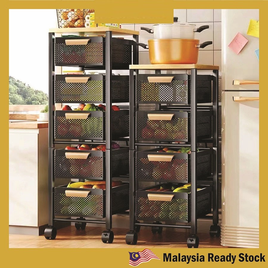 5 Tier Utility Wood Trolley With Wheels Sliding Rack Office Shelves ...
