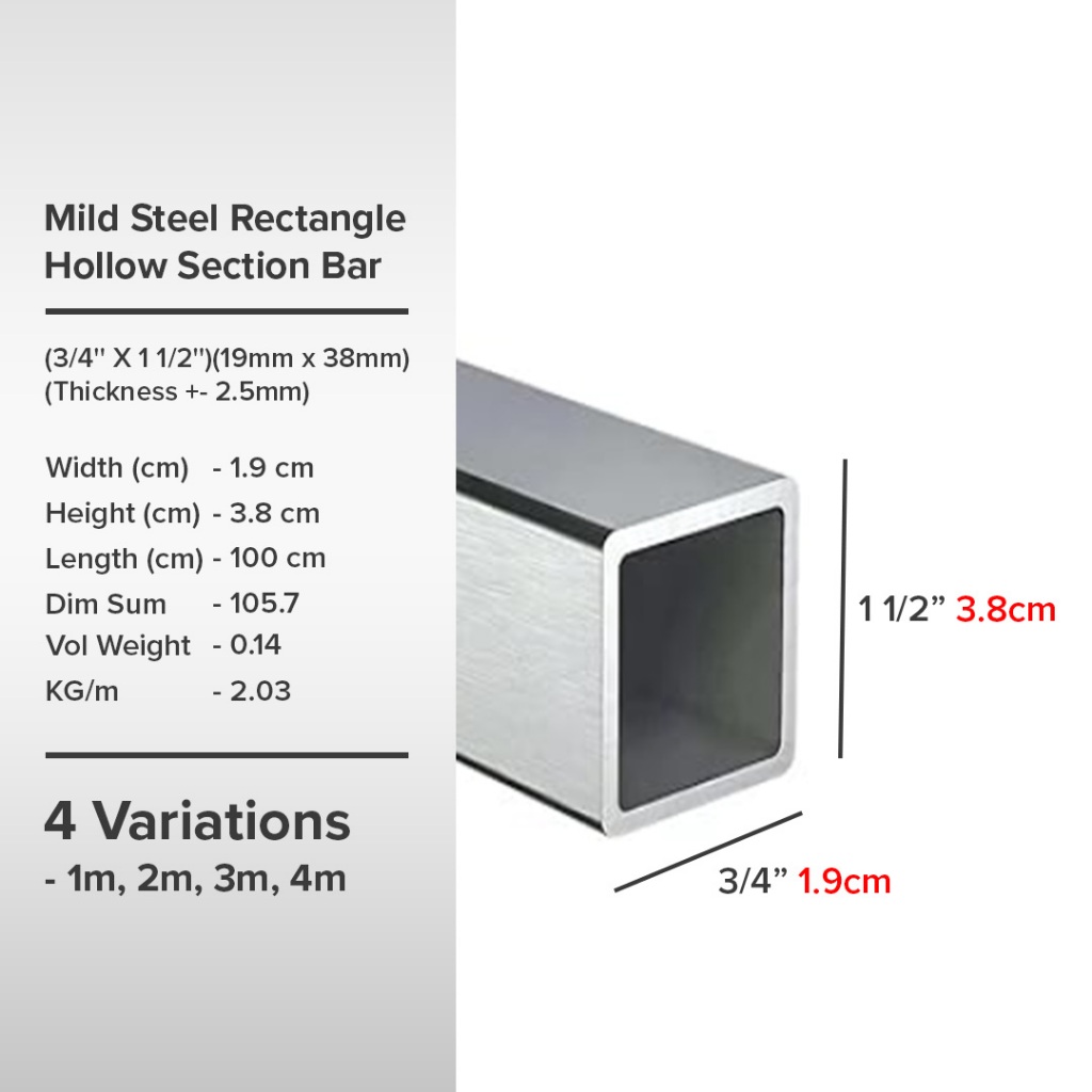 (3/4'' X 1 1/2'')(19mm x 38mm)(Thickness +- 2.5mm) Mild Steel Rectangle ...