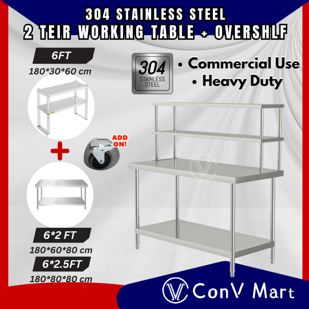 180*60/80cm (6FT) 2 Tier Stainless Steel Working Table 2 Tingkat ...