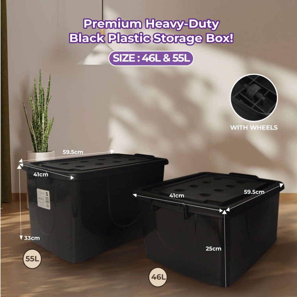 Maxonic 46l55l Black Plastic Storage Box With Wheels Kotak Simpanan Plastik Stackable 6797