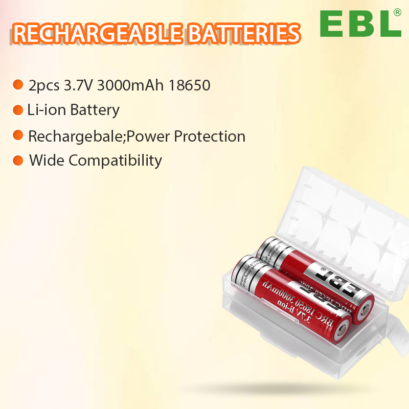 Ebl 2pcs 18650 Battery 3000mah 37v Li Ion Rechargeable Batteries For