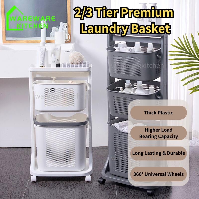 2/3 Tier Laundry Basket with Wheel Bathroom Storage Basket Storage ...